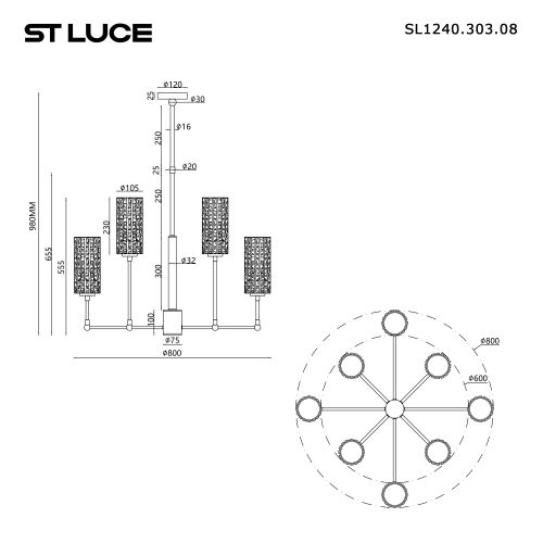 SL1240.303.08 Люстра подвесная ST-Luce Латунь/Дымчатый E27 860W